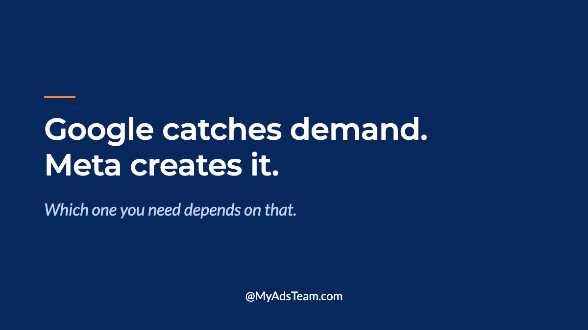Navy graphic with white text reading Google catches demand. Meta creates it. My Ads Team.