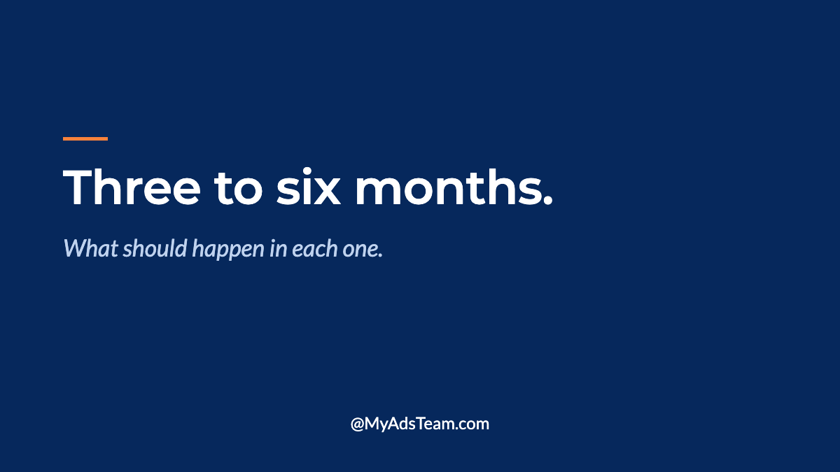 Navy graphic with white text reading Three to six months. What should happen in each one. My Ads Team.