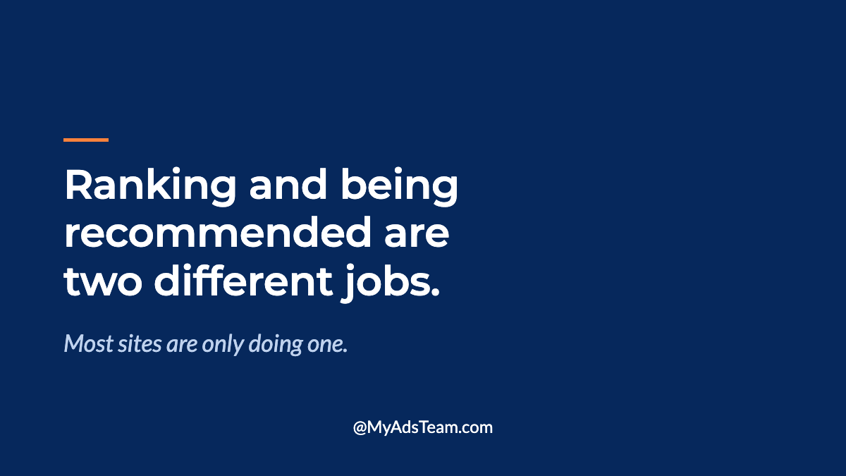 Navy graphic with white text reading Ranking and being recommended are two different jobs. My Ads Team.