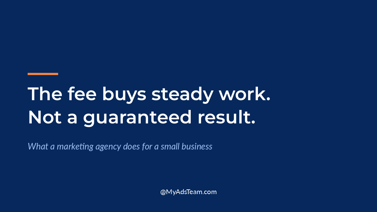 Navy graphic with white text reading The fee buys steady work. Not a guaranteed result. My Ads Team.