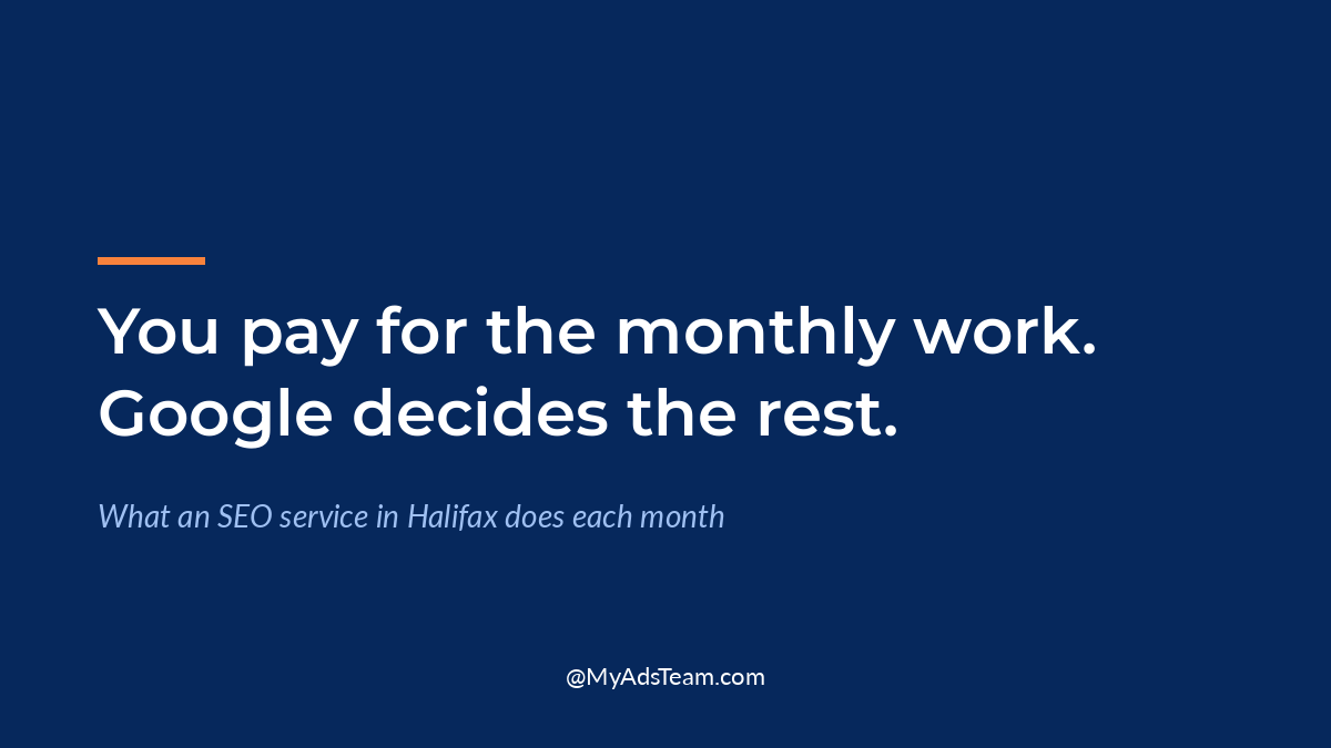 Navy graphic with white text reading The fee buys steady work. Not a guaranteed result. My Ads Team.